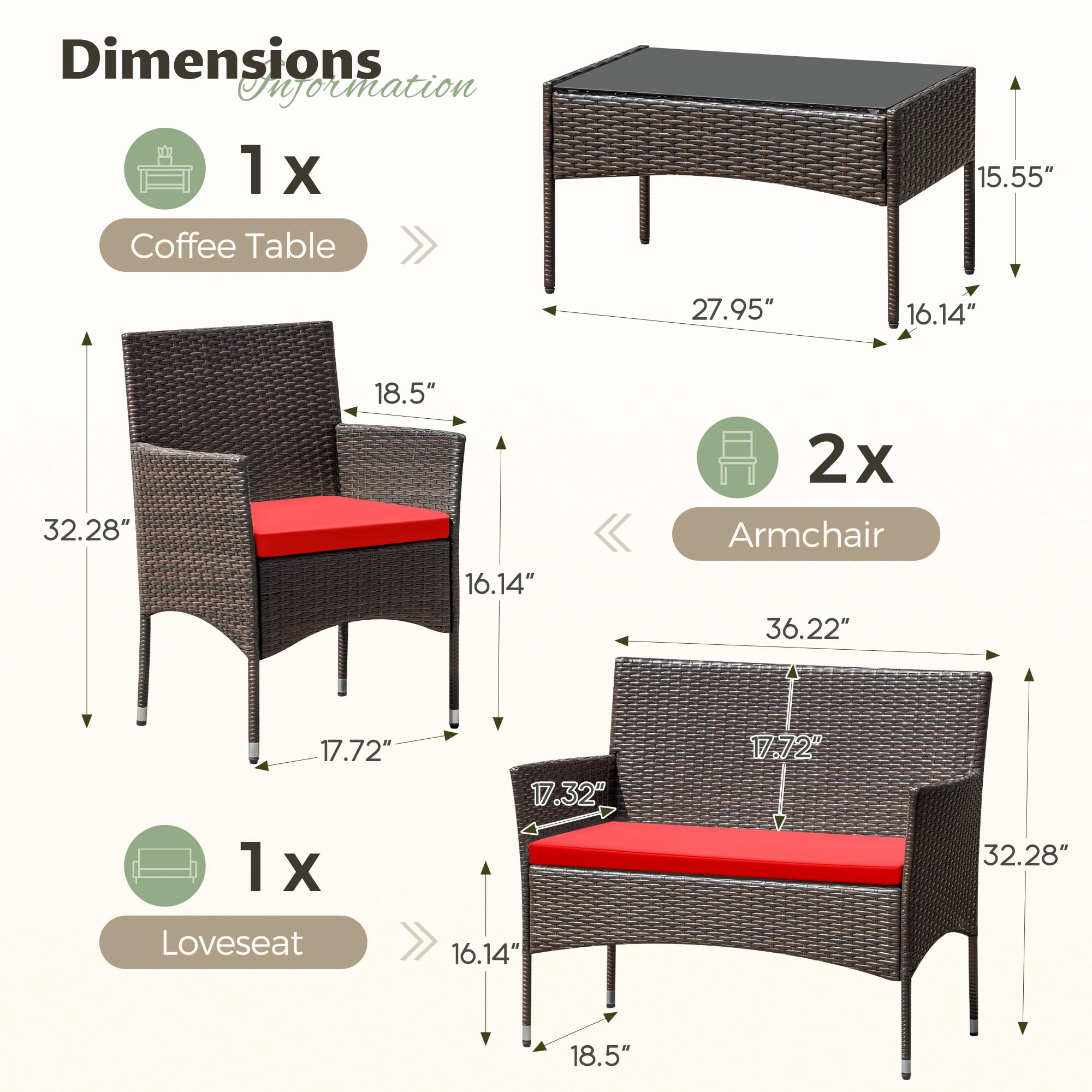 Vineego 4 4PCS Patio Furniture Set Outdoor Conversation Rattan Chairs with Cushion and Loveseat Glass Table for Garden Backyard Porch, Brown/ Red