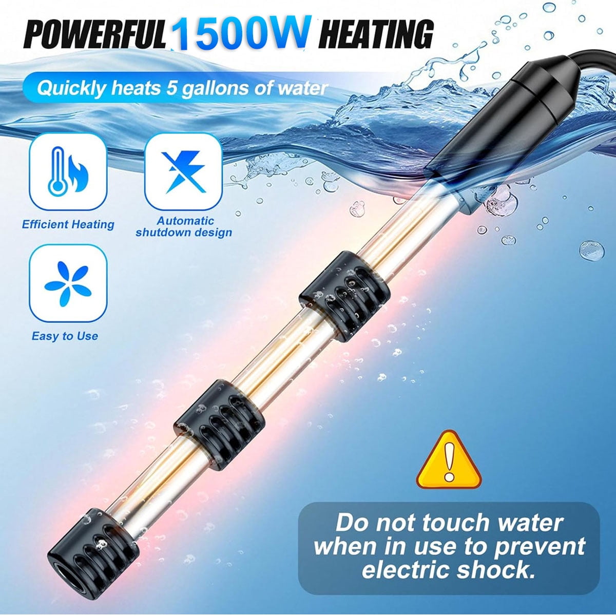 2000W Portable Submersible Water Heater with Thermostat for Bathtubs, Buckets & Inflatable Above Ground Pools