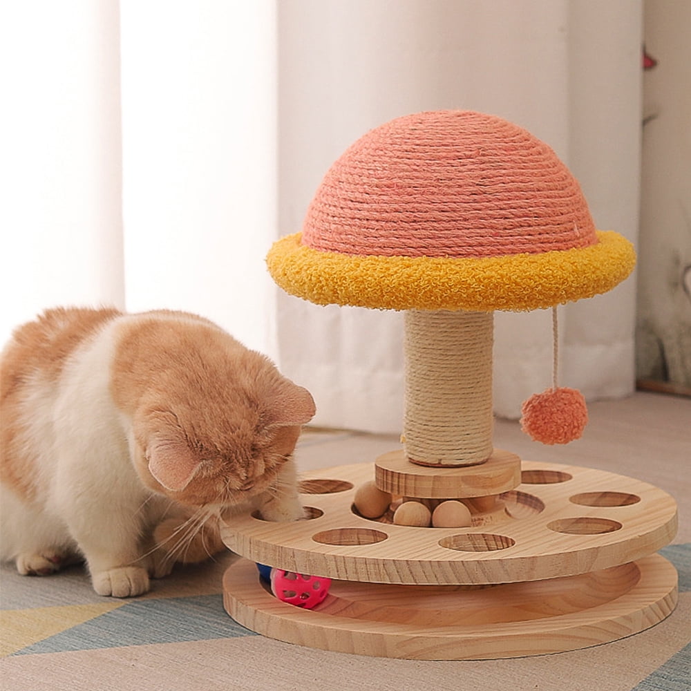 DENTRUN Cat Toy Roller, Interactive Cat Turntable Ball Track with Scratching Post Dangling Ball, Wood Maze Play Toy Ball for Indoor Cats Kittens