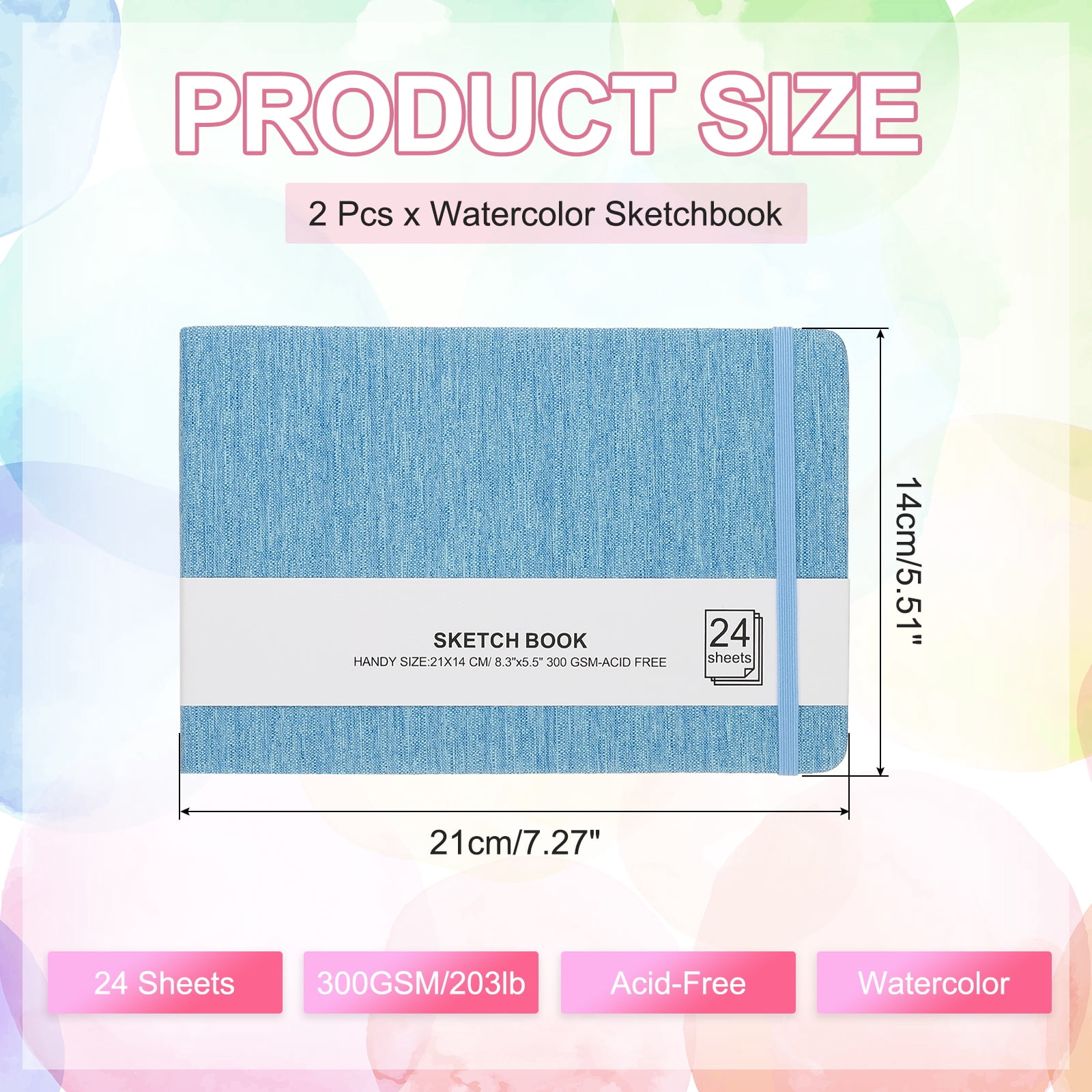 Uxcell 8.3x5.5" Square Watercolor Sketchbook, 2Pcs 24 Sheet 300gsm/140lb, Blue