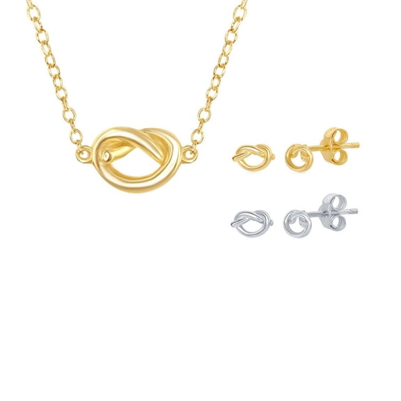 iJewelry2 Gold Plated Sterling Silver Love Knot Necklace and Two Pair Earrings Set