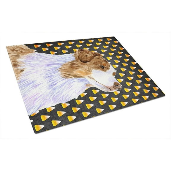 Caroline's Treasures Australian Shepherd Candy Corn Halloween Portrait Glass Cutting Board Large