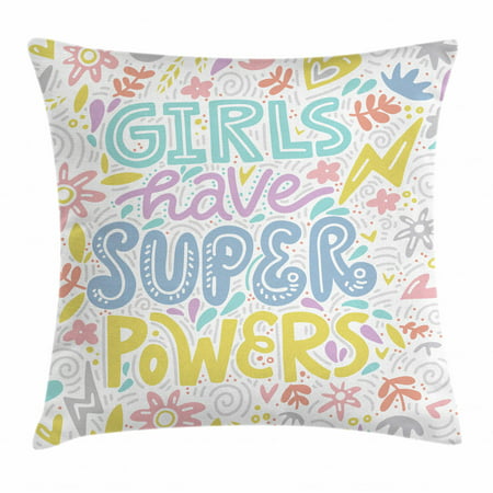 Feminist Throw Pillow Cushion Cover, Boho Feminist Design with Colorful Floral Motif and Phrase Girls Have Super Powers, Decorative Square Accent Pillow Case, 18 X 18 Inches, Multicolor, by