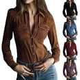 thumbnail image 2 of Summer Tops for Women Gsakboxl New Arrival Long Sleeve Suede Button Down Shirt With Pocket Soft Velvet Texture Casual Blouse Fashion Daily Wear Top For All Seasons Women'S Tops, Tees & Blouses, 2 of 5