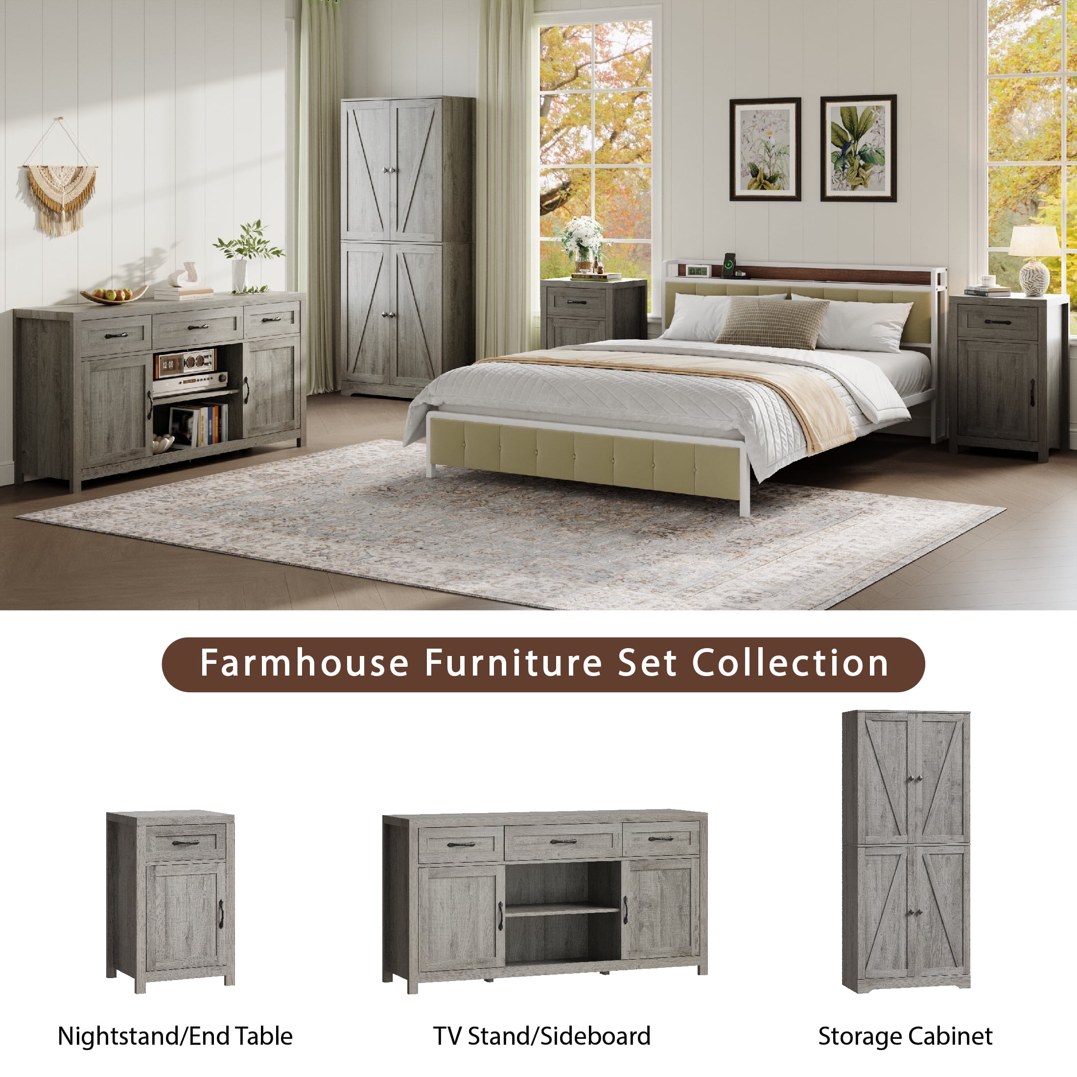 YouTrend Farmhouse End Table with Drawer and Storage Cabinet for Living Room,Rustic Adult Nightstand for Bedroom,Gray