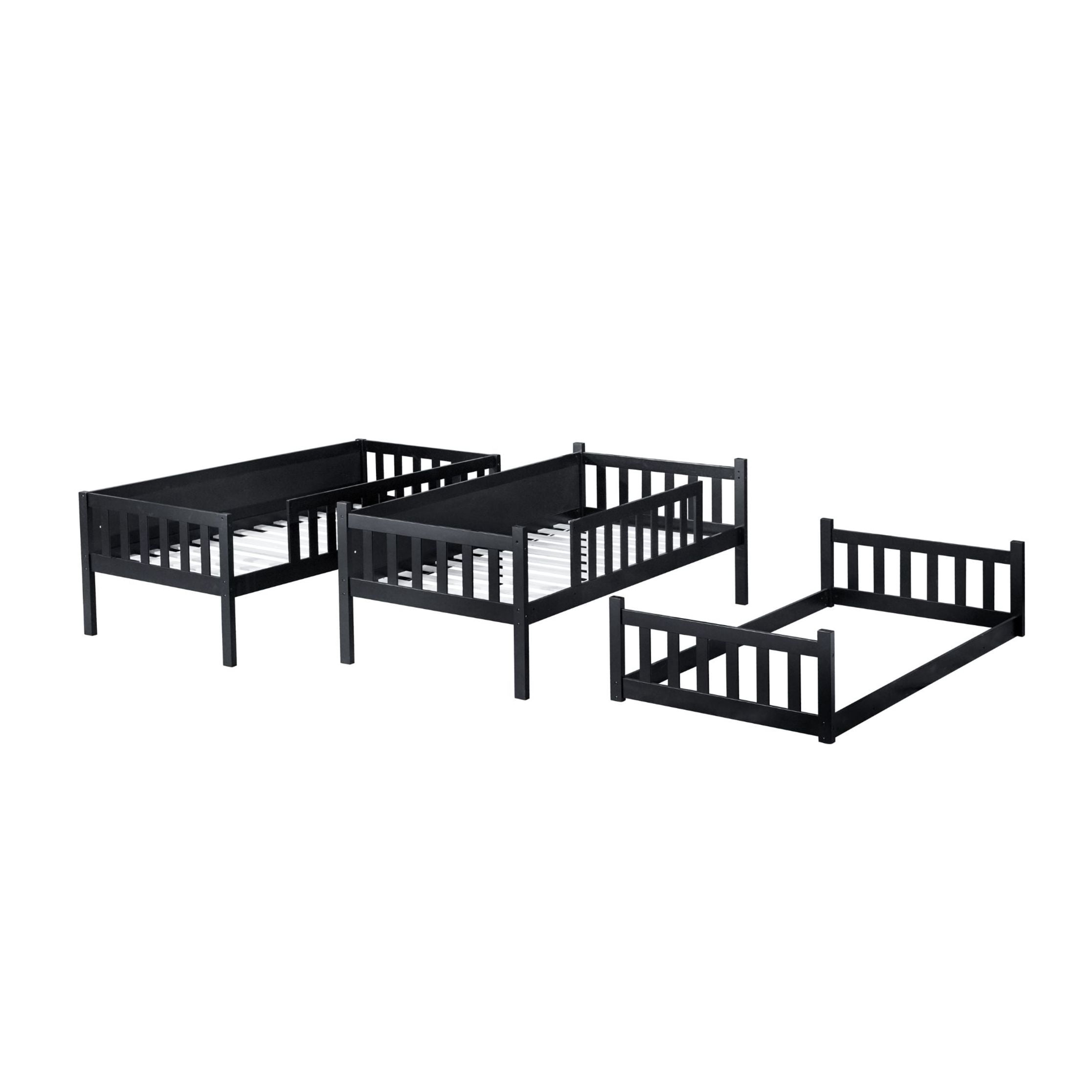 Noble House Lydia Triple Rubber Wood Bunk Bed, Convertible Twin over Twin over Twin with Guardrails and Ladders, Black