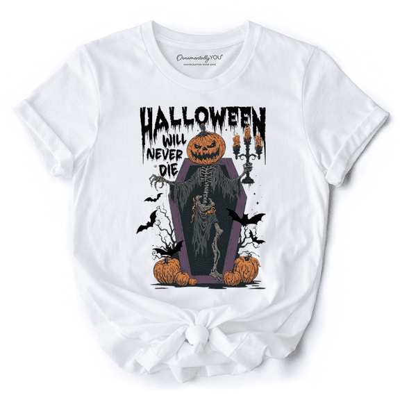 Halloween Will Never Die T-Shirt, Vintage Pumpkin Coffin Skeleton Tee