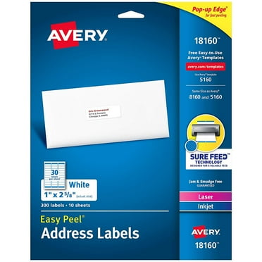 Avery Mailing Address Labels, Laser and Inkjet Printers, 300 Labels, Permanent Adhesive (18160), White