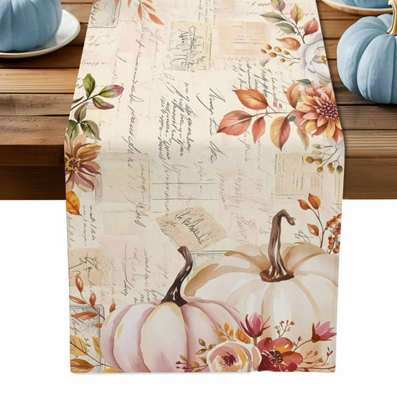 ERUNPONLY Pink Orange Pumpkins Fall Table Runner - 70 Inch Long Thanksgiving Leaves Floral Autumn Cotton Linen Blended Dress Scarves Farmhouse Table Runner for Kitchen Dining, Coffee Table, 13" x 70"