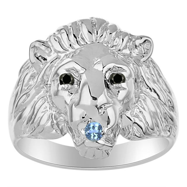 RYLOS Rings Sterling Silver Lion Head Ring Black Diamonds Eyes & Gemstone Mouth Fun Designer Rings Blue Topaz Jewelry Size 13