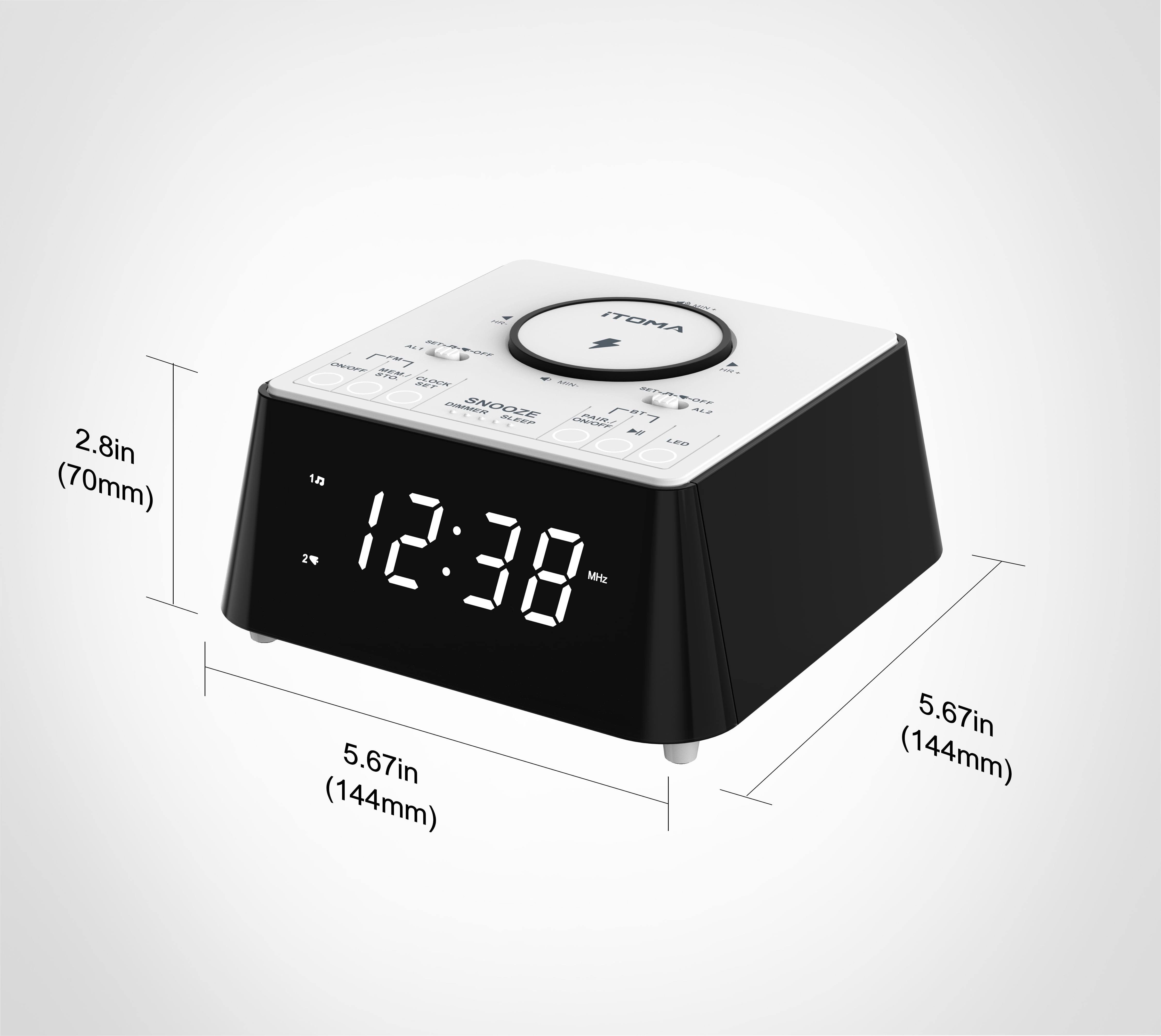 Alarm Clock with Wireless Charging, Clock Radio with Bluetooth Speaker, Dual Alarm with Snooze, USB Charging, Night Light and Dimmable Display iTOMA