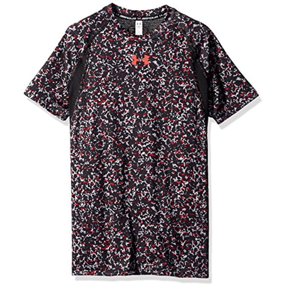 Under Armour Boys' HeatGear Armour Up Printed Fitted Short Sleeve Shirt, Overcast Gray/Black, Youth X-Small