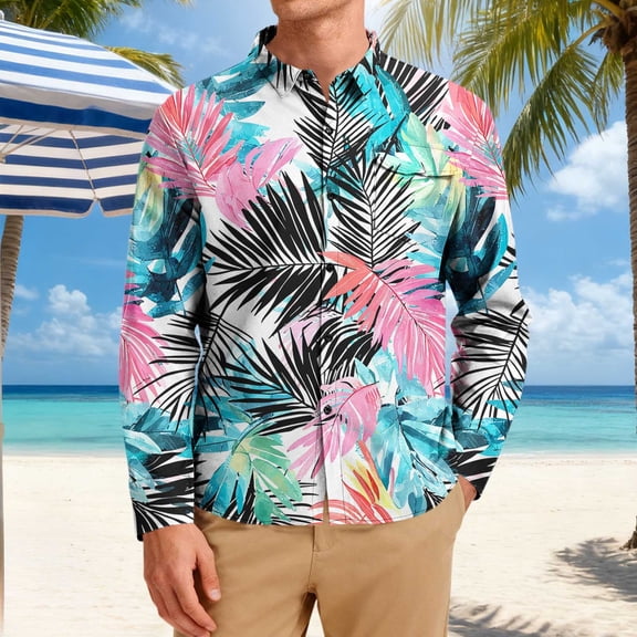 Kakii Men's Tropical Floral Button Down Long Sleeve Hawaiian Shirt Flower Printed Beach Shirts