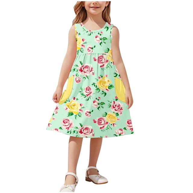 Ashirexll Robes Filles Sans Manches Col Rond Motif Imprimé Robe en Mélange de Coton Longueur Genou Jaune 13 Ans