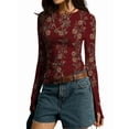 thumbnail image 3 of Women'S Floral Knitted Long Sleeve Crew Neck Going Out Slim Fit Tops Fall Outfits Trendy Clothes Wine Red M, 3 of 9