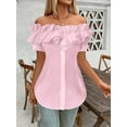 thumbnail image 4 of ZOELNIC Women's Sexy Ruffle Trim Off Shoulder Short Sleeve Button Down Blouse Shirts Summer Loose Tunic Tops, M, 4 of 6