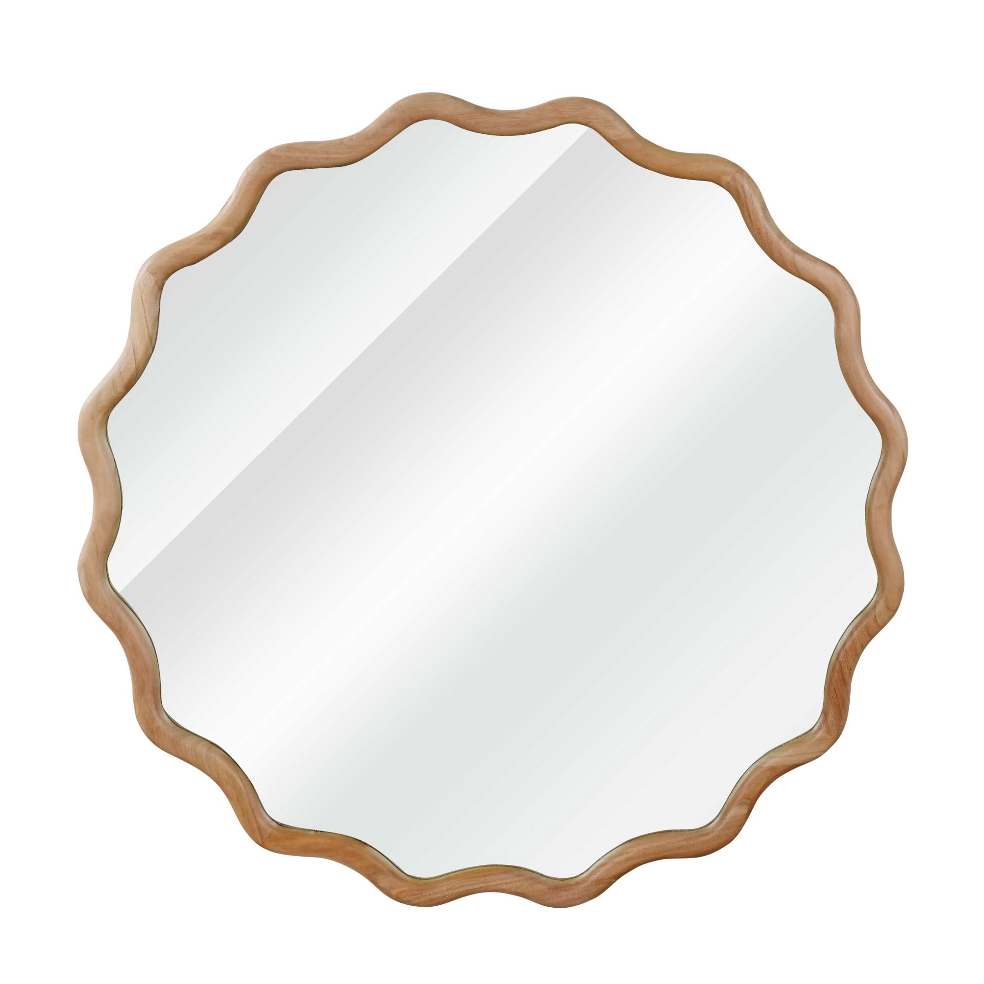 Leumius 36" Wavy Round Mirror, Solid Wood Frame Decorative Mirror for Bedroom Bathroom Living Room Entryway Natural