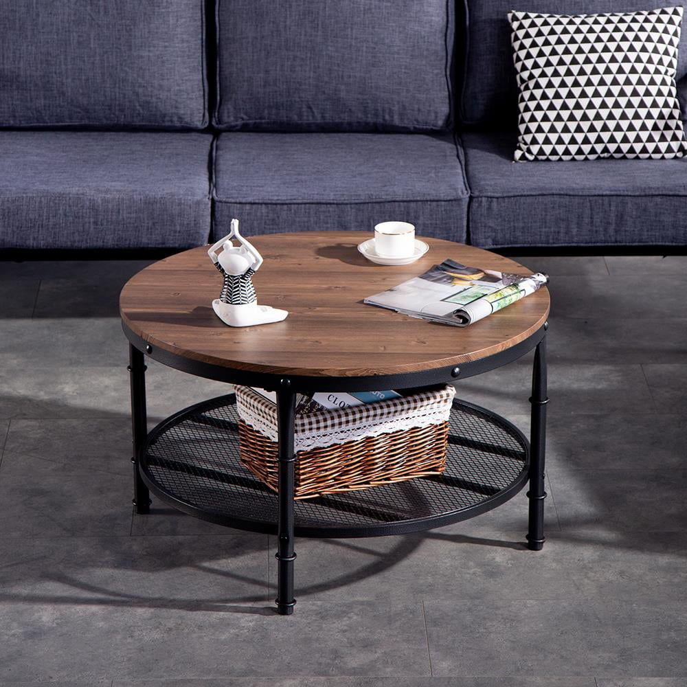 Winado Industrial Coffee Table for Living Room 2-Tier Vintage Round
