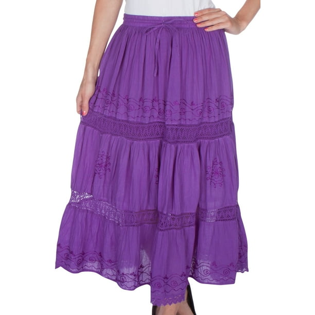 Sakkas Sakkas Solid Embroidered Gypsy Bohemian Mid Length Cotton Skirt Purple One Size