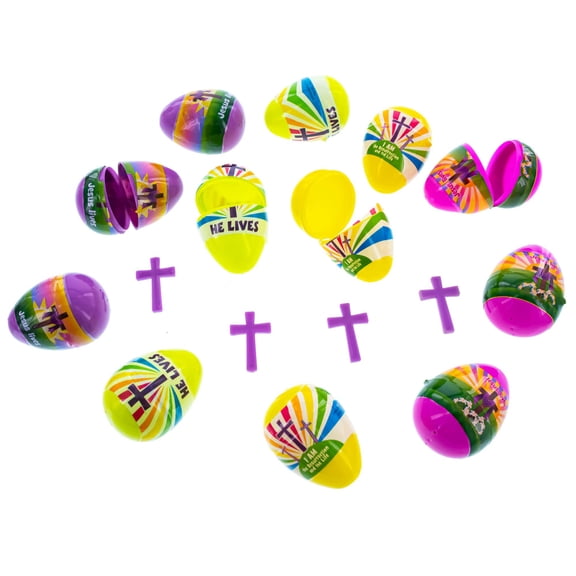 Set of 12 Religious Plastic Easter Eggs with Cross Inside