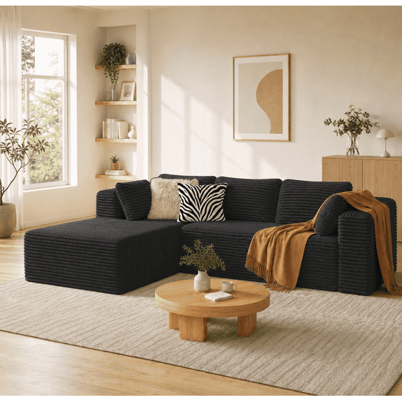 Sectional Sofa, Asofer 105" L-Shape Modular Couch With Corduroy Fabric for Living Room, Free Assembly, Black (Left Facing Chaise)