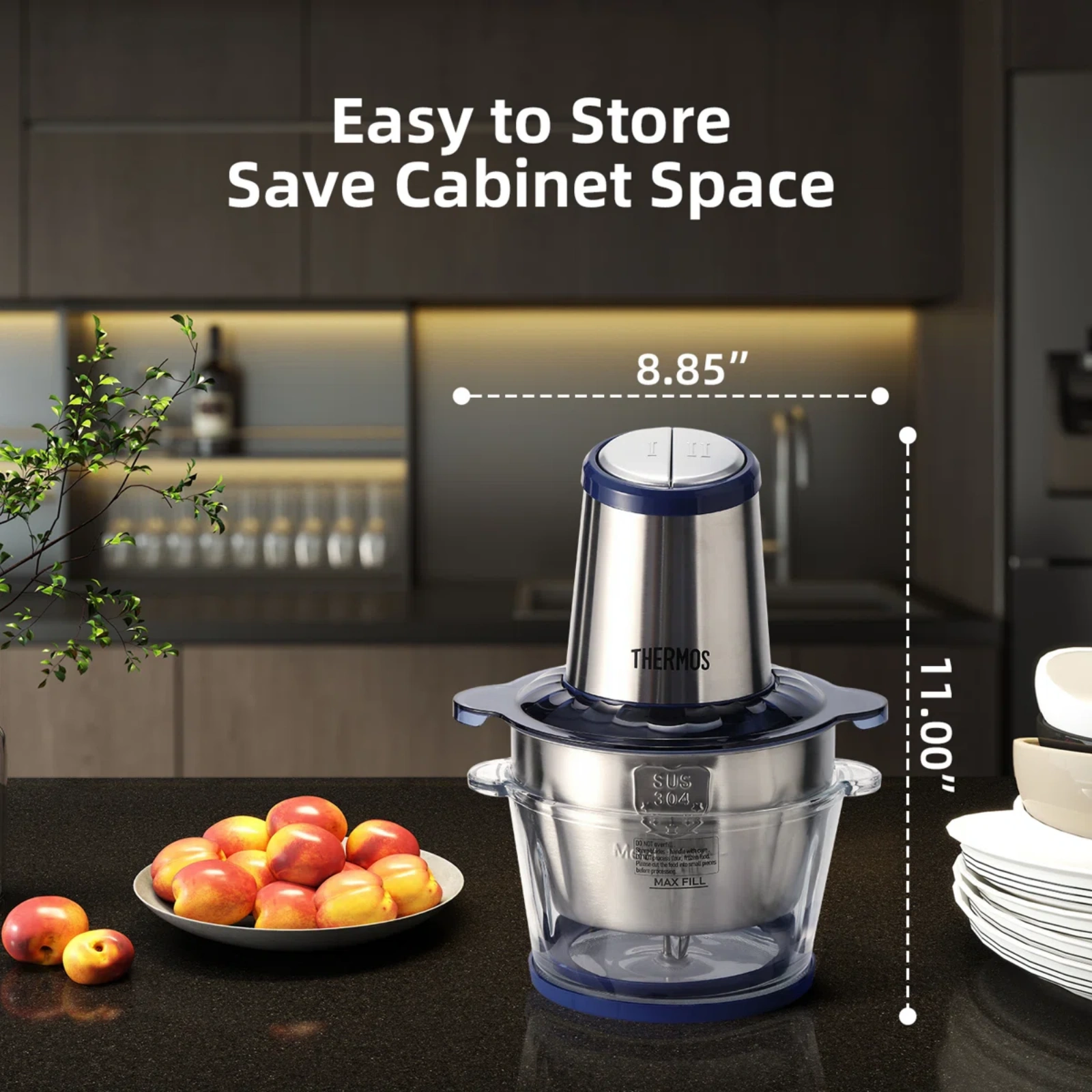 Thermos Food Chopper for Kitchen, 8 Cup Food Processor, 500W, 4 Blades, 2 Bowls, Feed Chute & Pusher for Mincing Dicing Shredding