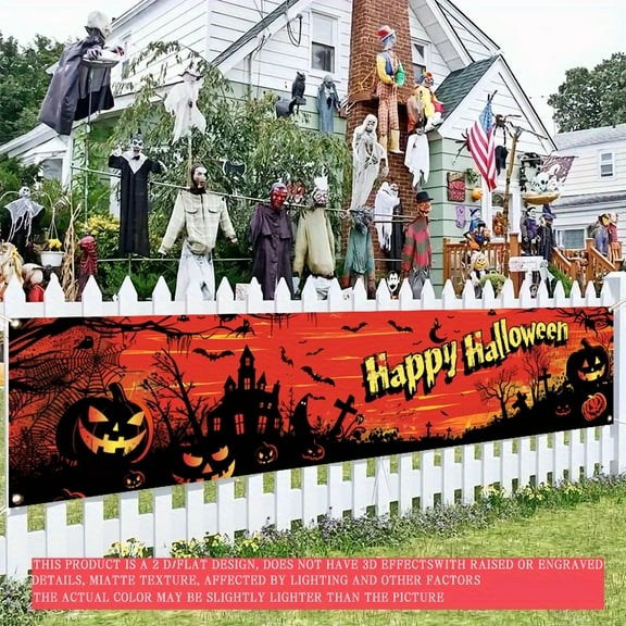 1pc 2D flat banner Horror Halloween Banner - Outdoor decoration horror Halloween scenes, pumpkin lanterns, bats and haunted houses. Use our Horror Halloween party banner to set up the perfect horror