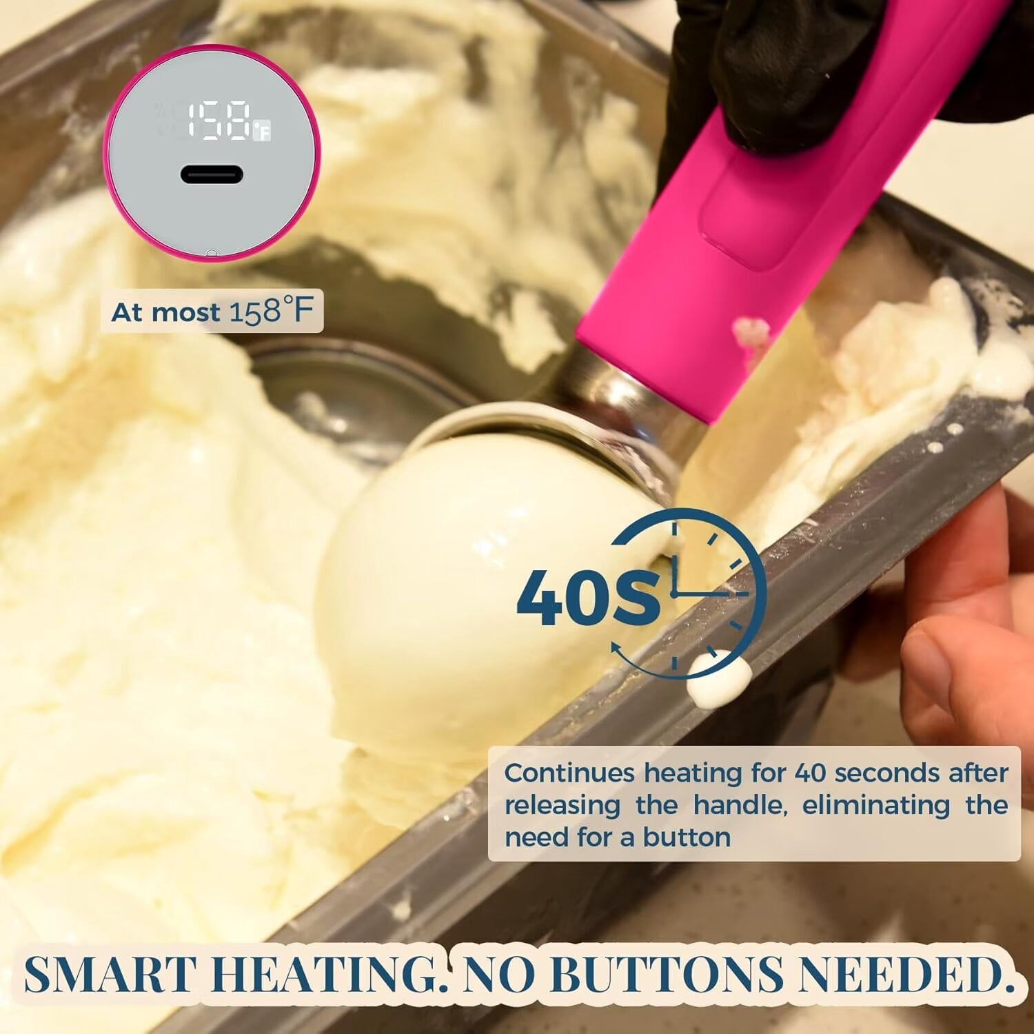 Heated Ice Cream Scoop, USB Rechargeable Electric Scooper with LED Display, Heats to 158°F for Hard Ice Cream, Easy for Seniors & Kids, IP68 Waterproof-Hot Pink