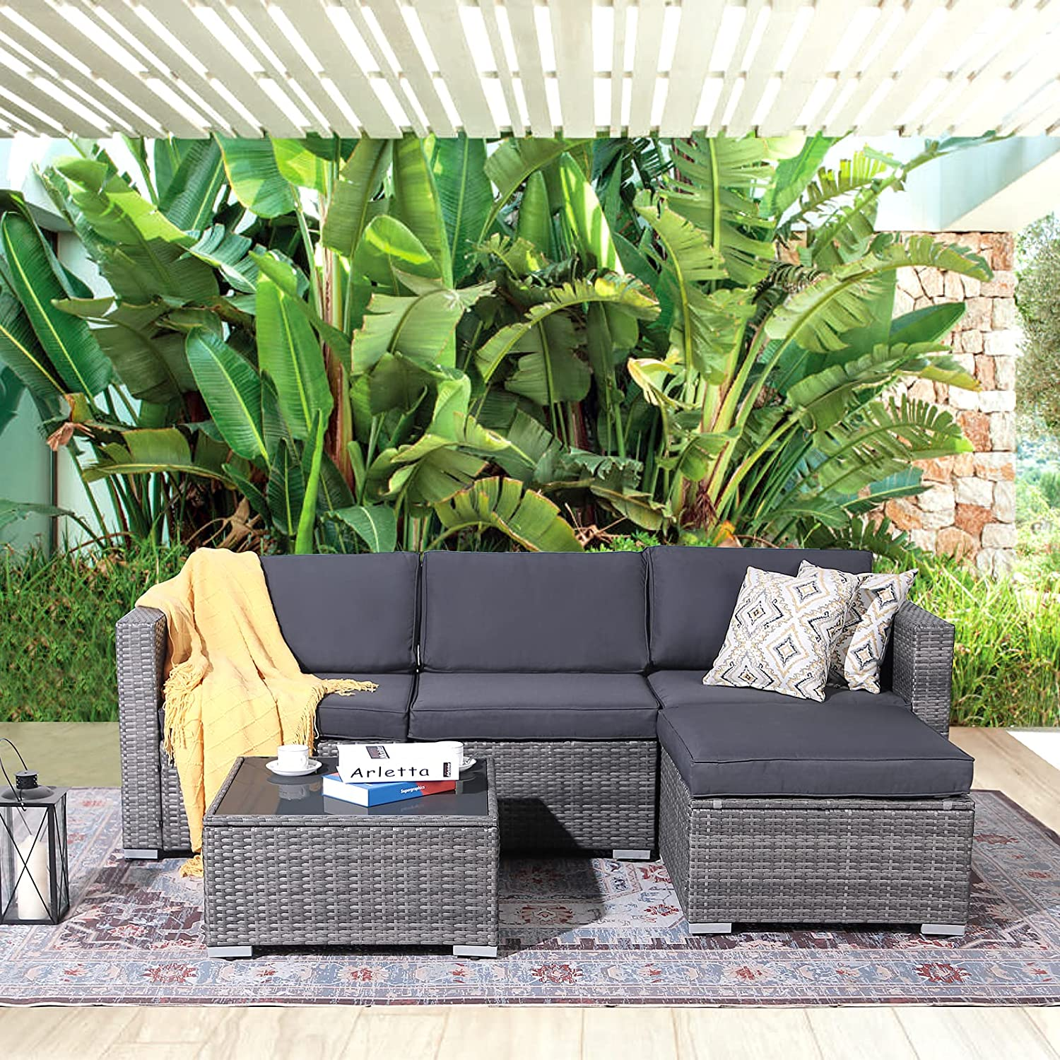 Corner Sofa Chair Corner & Table Beige Patiorama 2 Piece Outdoor Patio Furniture Set All-Weather Wicker Patio Sectional Sofa Set with Glass-top Coffee Table 