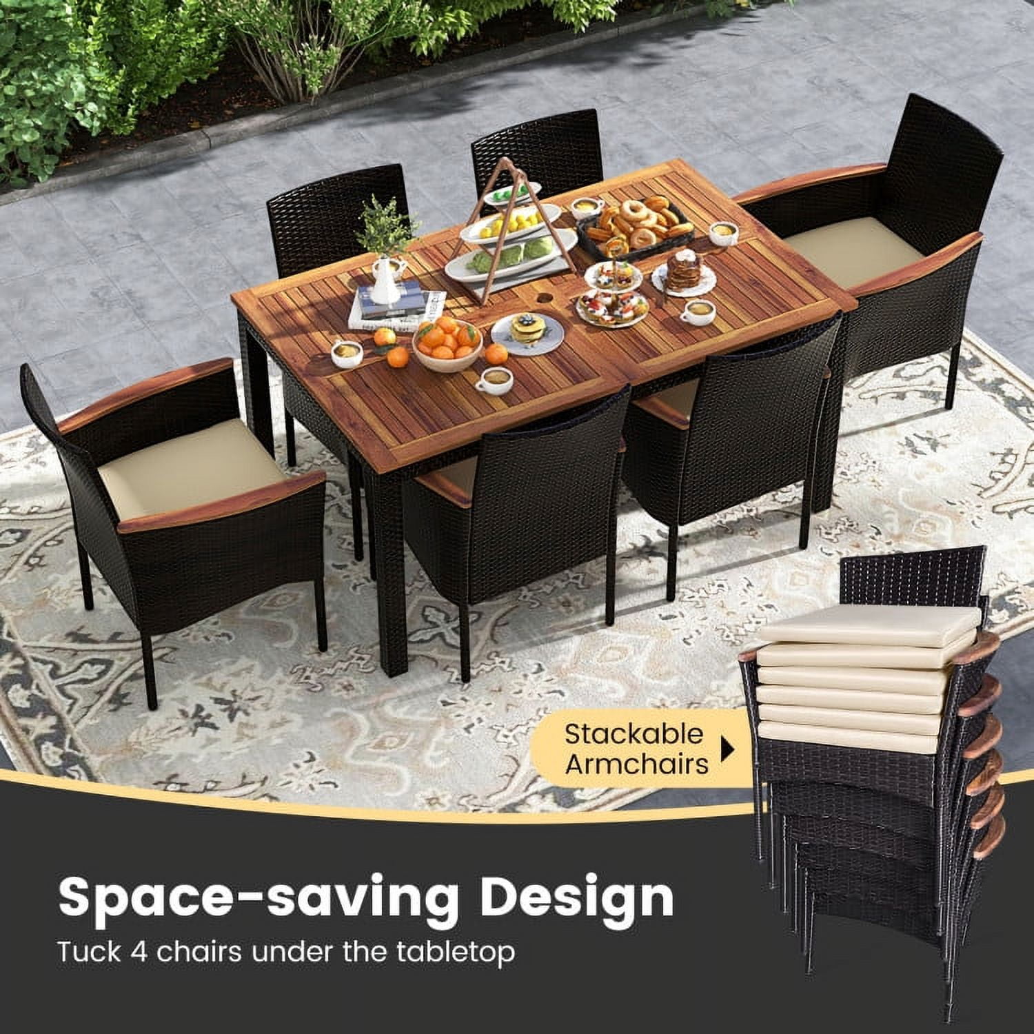 Aimee Lii 7 Pieces Rattan Patio Dining Set with Stackable Chairs and Umbrella Hole, Outdoor Patio Furniture Aimee Lii 7 Pieces Rattan Patio Dining Set with Stackable Chairs and Umbrella Hole, Outdoor Patio Furniture