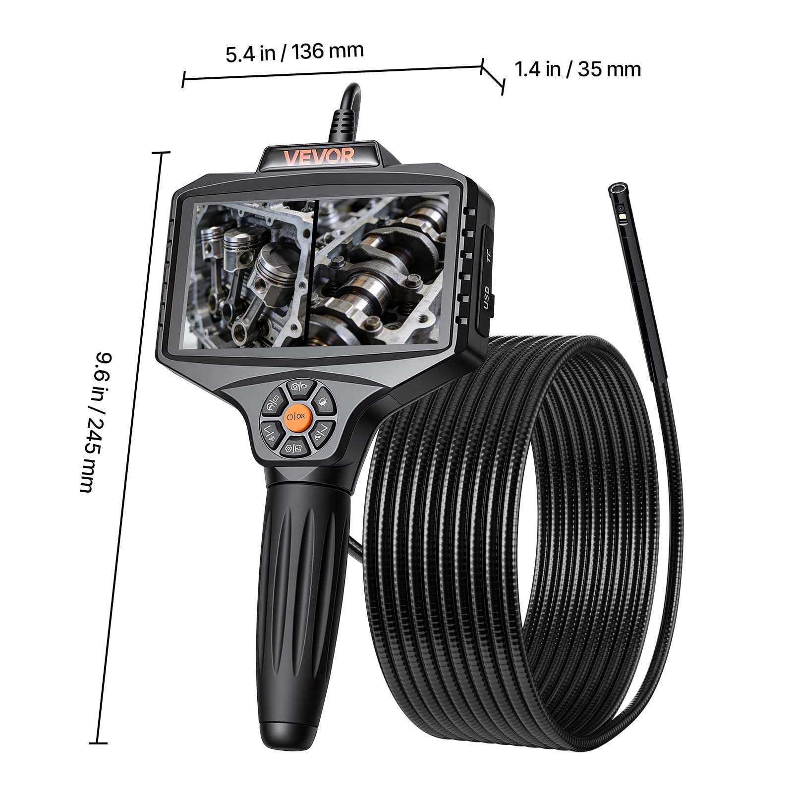 VEVOR Endoscope with Light, 360° View Coverage Industrial Borescope Inspection Camera with Rotating Probe, 1080P HD Rigid Snake Scope Cam for Wall Automotive Engine Inspect-16.4FT
