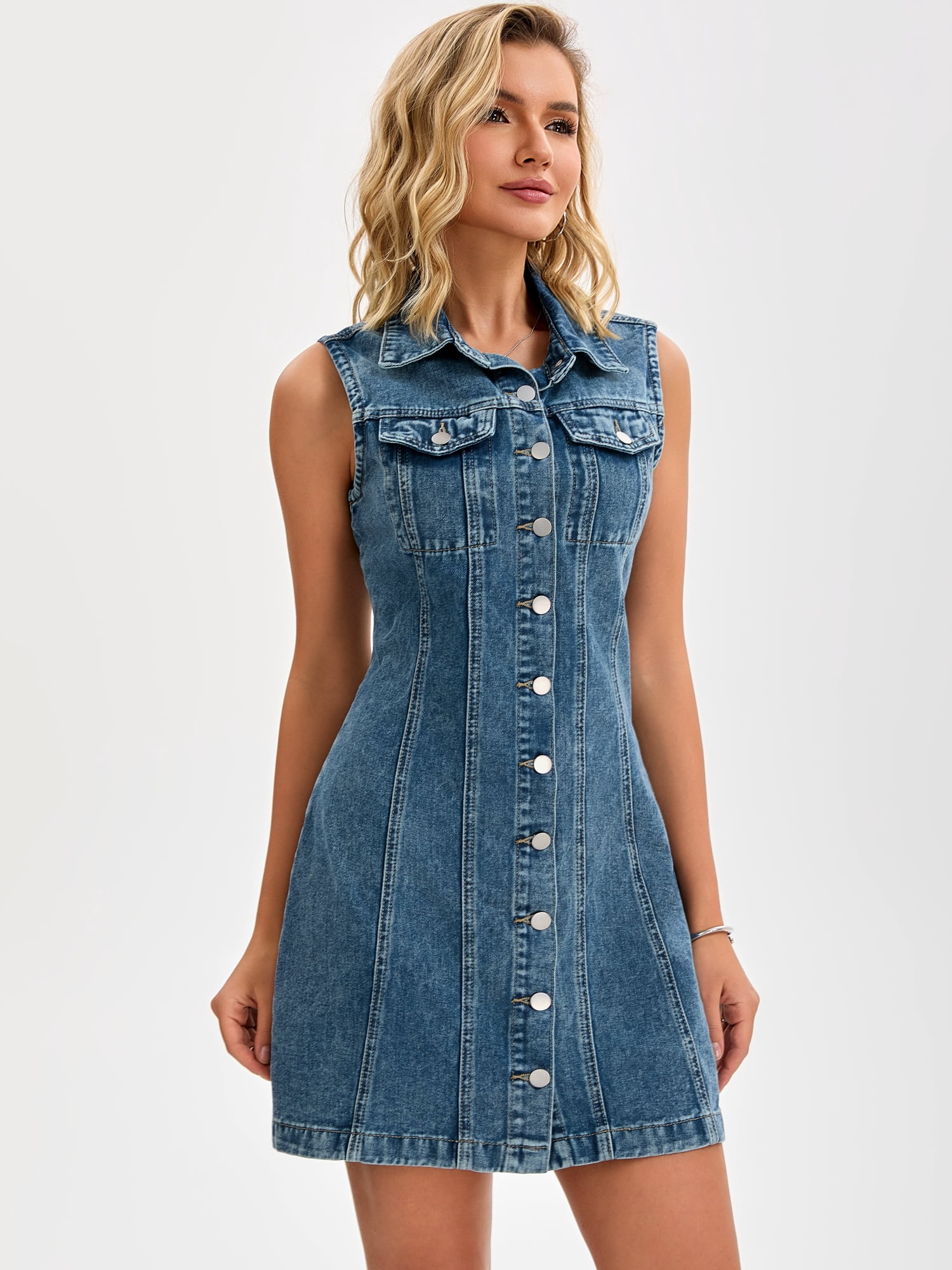 DARING DIVA Women's Sleeveless Collared Button Down Short Jean Dress 2XL Grey Blue