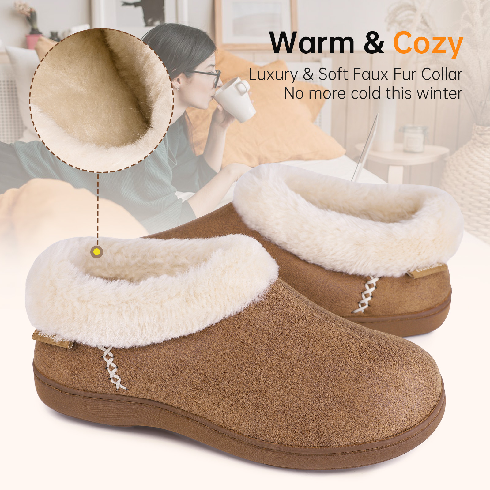 EverFoams Women's Micro Suede Cozy Memory Foam Winter Slippers with Fuzzy Faux Fur Collar and Indoor Outdoor Rubber Sole - image 3 of 6