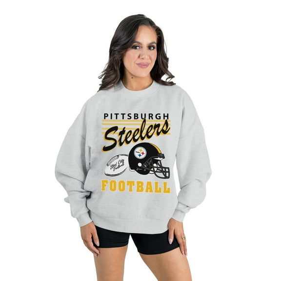 Women's Gameday Couture Ash Pittsburgh Steelers Home Turf Oversized Premium Fleece Pullover Sweatshirt