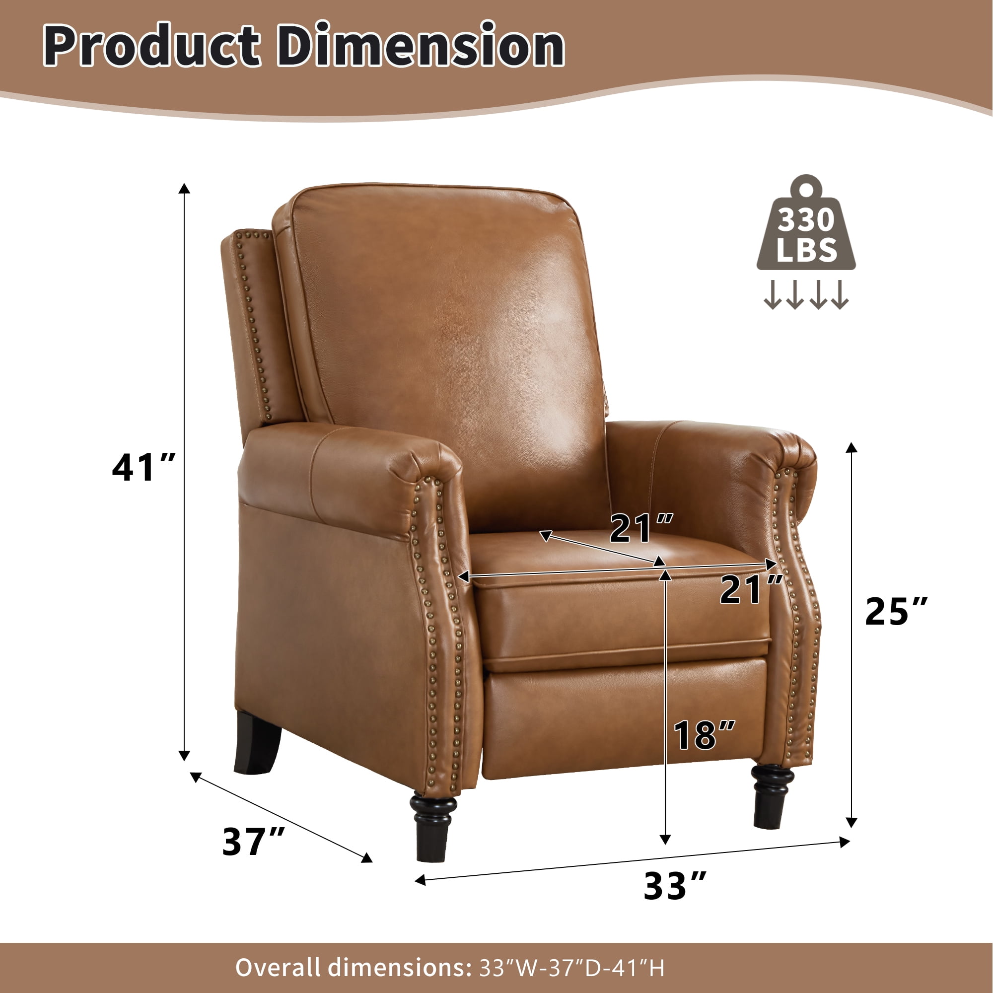 Ebello Genuine Leather Push Back Recliner Chair, Wingback Reclining Chair with Padded Seat & Rivet Decoration, Single Sofa for Living Room, Apartment (Brown)