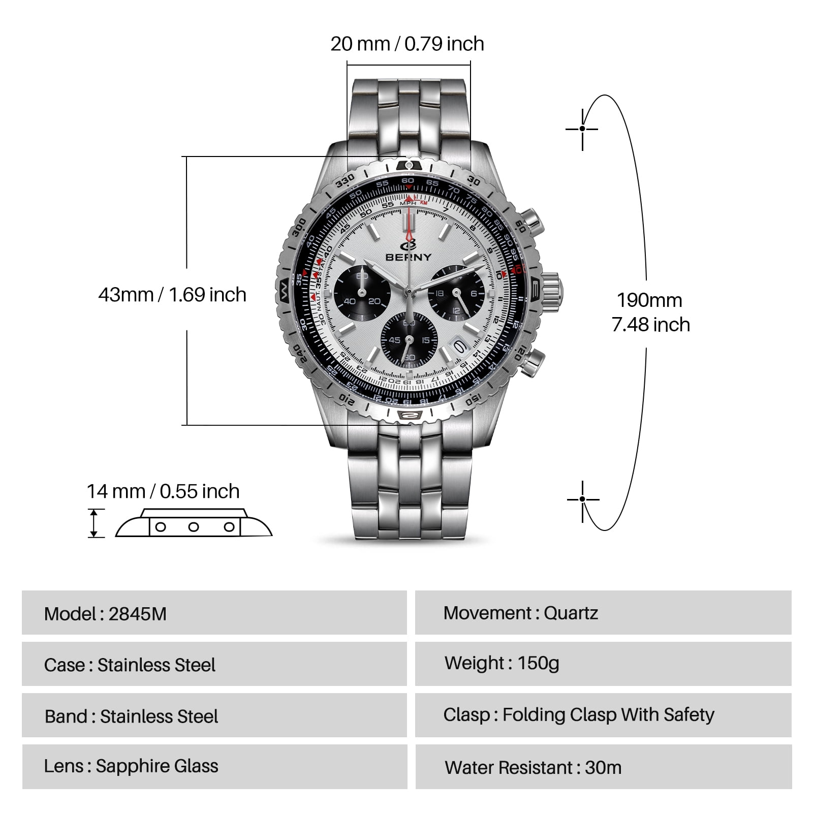 BERNY Silver Chronograph Watches for Men, Sport Luxury Analog Quartz Watch with Tachymeter, Stainless Steel, Waterproof, Luminous, Sapphire Crystal, Date Calender, Men's Wristwatch (White)