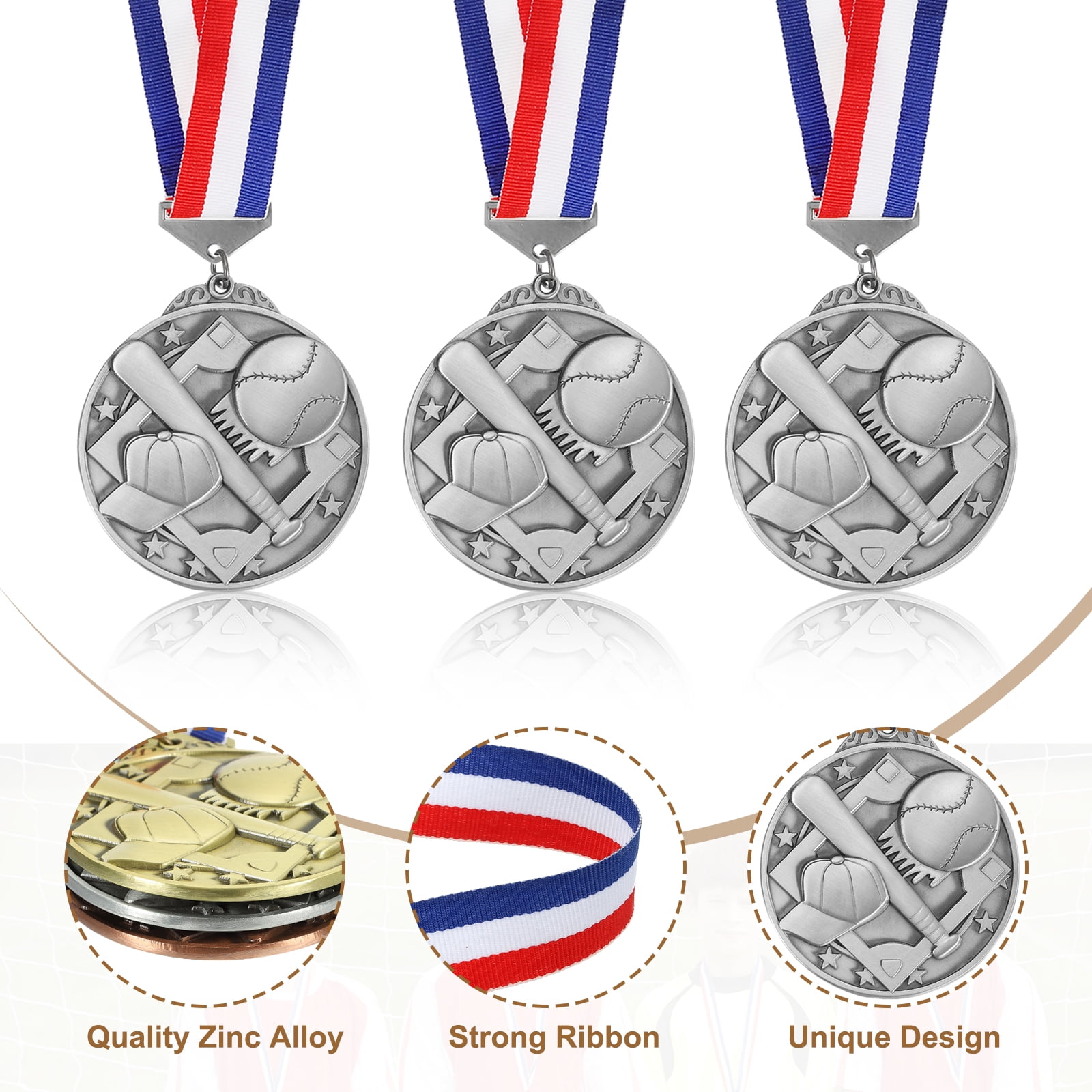 Uxcell Baseball Games Cap Award Medals with Ribbons, Winner Medals Prizes for Competitions Sports Party Silver