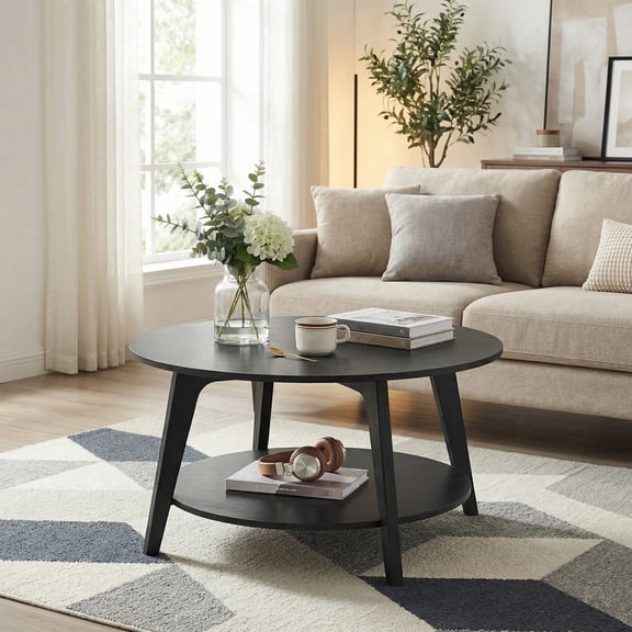 LEDREM Mid-Century Round Coffee Table, 2 Tiers Design, 66lb Capacity, Modern Minimalist Style, Quick Assembly, Ideal for Small Space & Apartment, Black