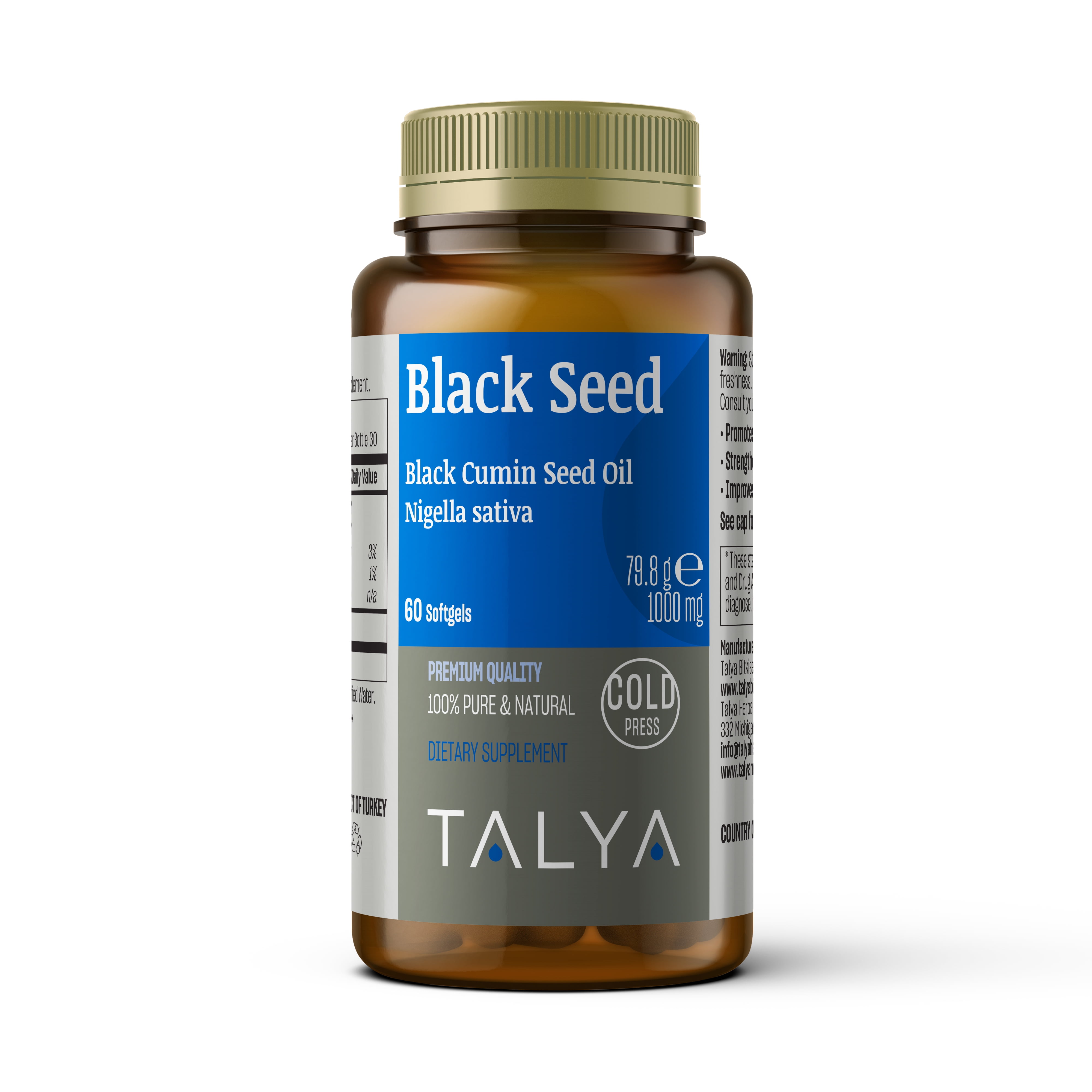 Talya Black Seed Oil Softgel with High Thymoquinone, ColdPressed from NonGMO Turkish Black