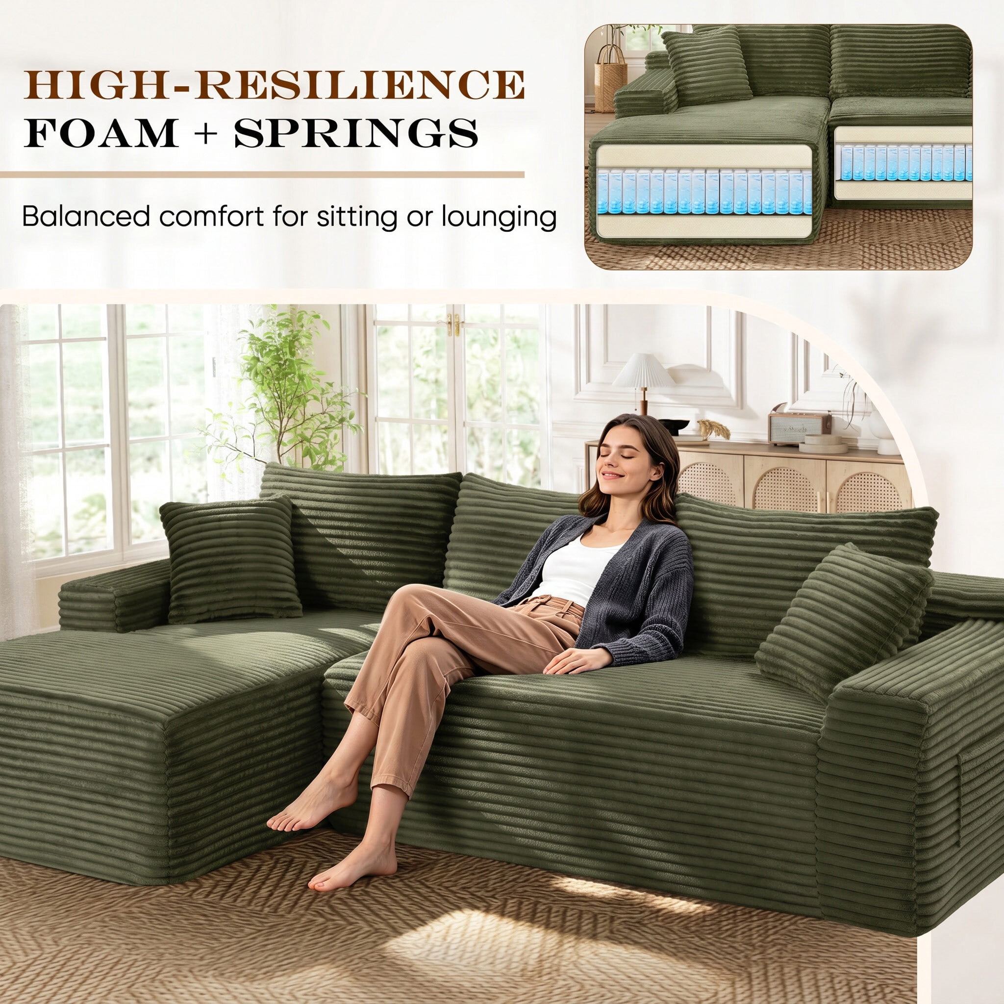 Lunale Small Modular Sectional Sofa with Movable Chaise, L-Shaped Boneless Cloud Couch for Living Room, Green (Left Facing Chaise)