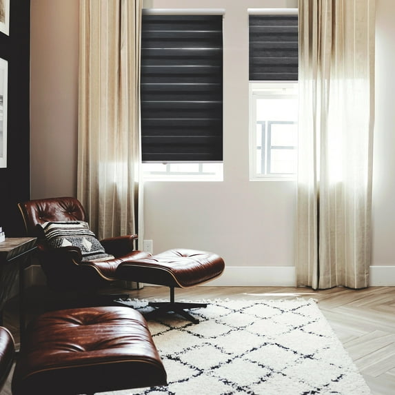 MOOD Zebra Shades for Windows | Custom Size + Cordless + Durable and Stylish Roller Shade | Day and Night Dual Layer Combi Blind | Night Black (Light Filtering) | 26.5"W x 24"H