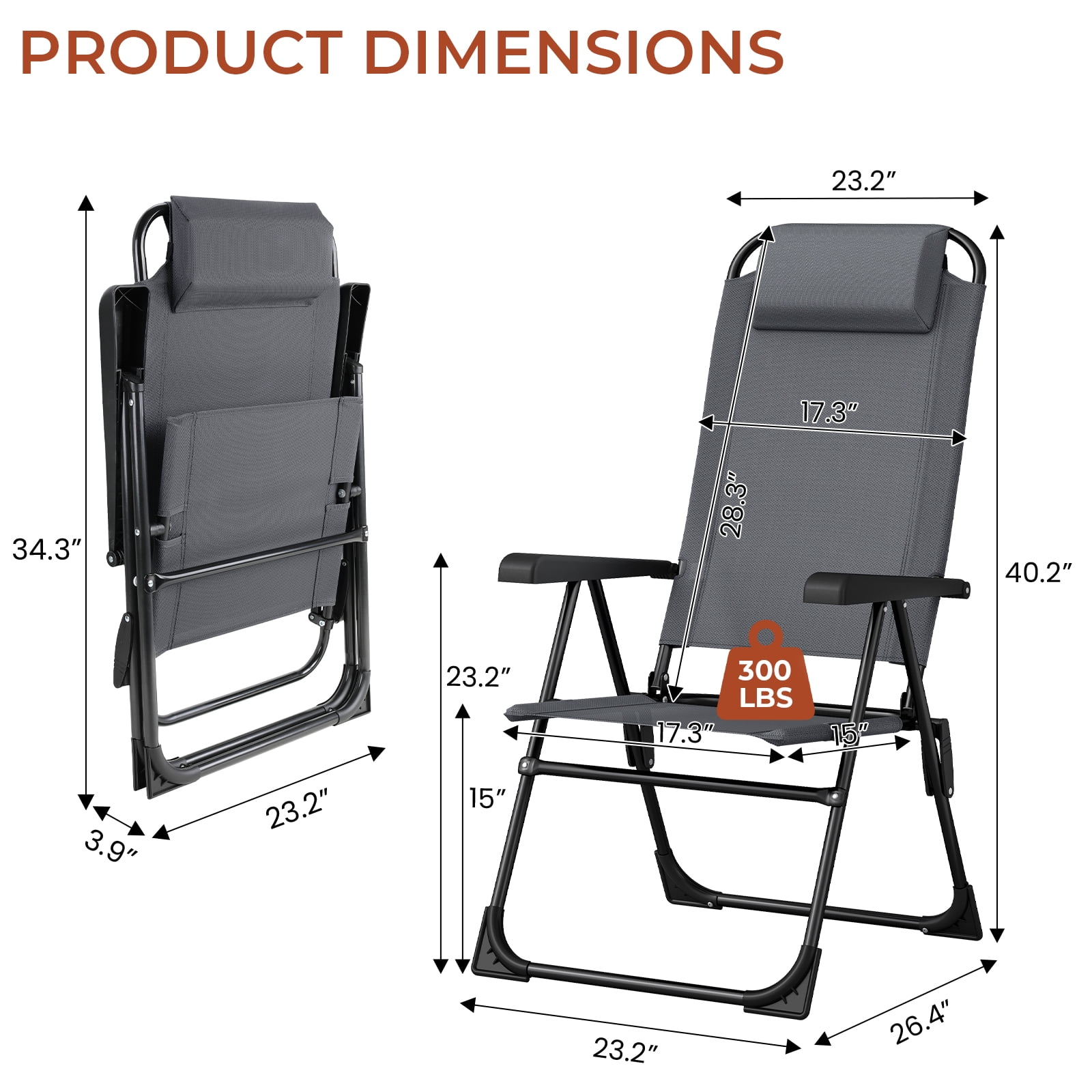 Arlopu Folding Patio Chair Set of 2, Outdoor Textilene Chair w/ 5 Level Adjustable Back for Garden Pool, 300Lbs