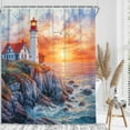 thumbnail image 2 of Coastal Nautical Lighthouse Shower Curtain, Sunset Coastal Ocean Sailboat Beach Seasides Shower Curtain, Blue Sky Polyester Fabric Waterproof Bathroom Decor with Plastic Hooks, 72X72in, 2 of 5