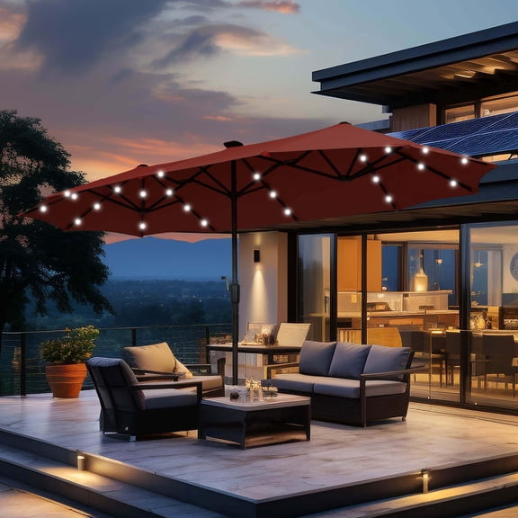 Ainfox 13ft Large Patio Umbrella with Solar Lights, Outdoor Double-Sided Rectangle Market Heavy Duty Umbrellas without Base,Red