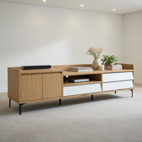 Spaco Natural & White TV Stand for TVs up to 80 Inch, Mid Century Modern Entertainment Center with Storage Cabinet & Cable Management for Living Room