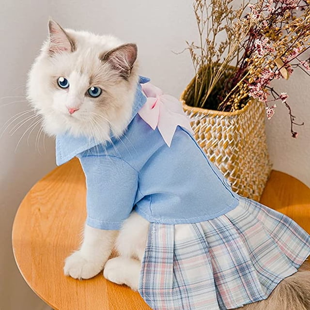 Disfraz de mascota pequeña, faldas de uniforme escolar para perros y gatos, disfraz de marinero para gatos, fiesta de cosplay para perros pequeños, ropa para gatos (Beige Mixed Blue) M JAMW Sencillez