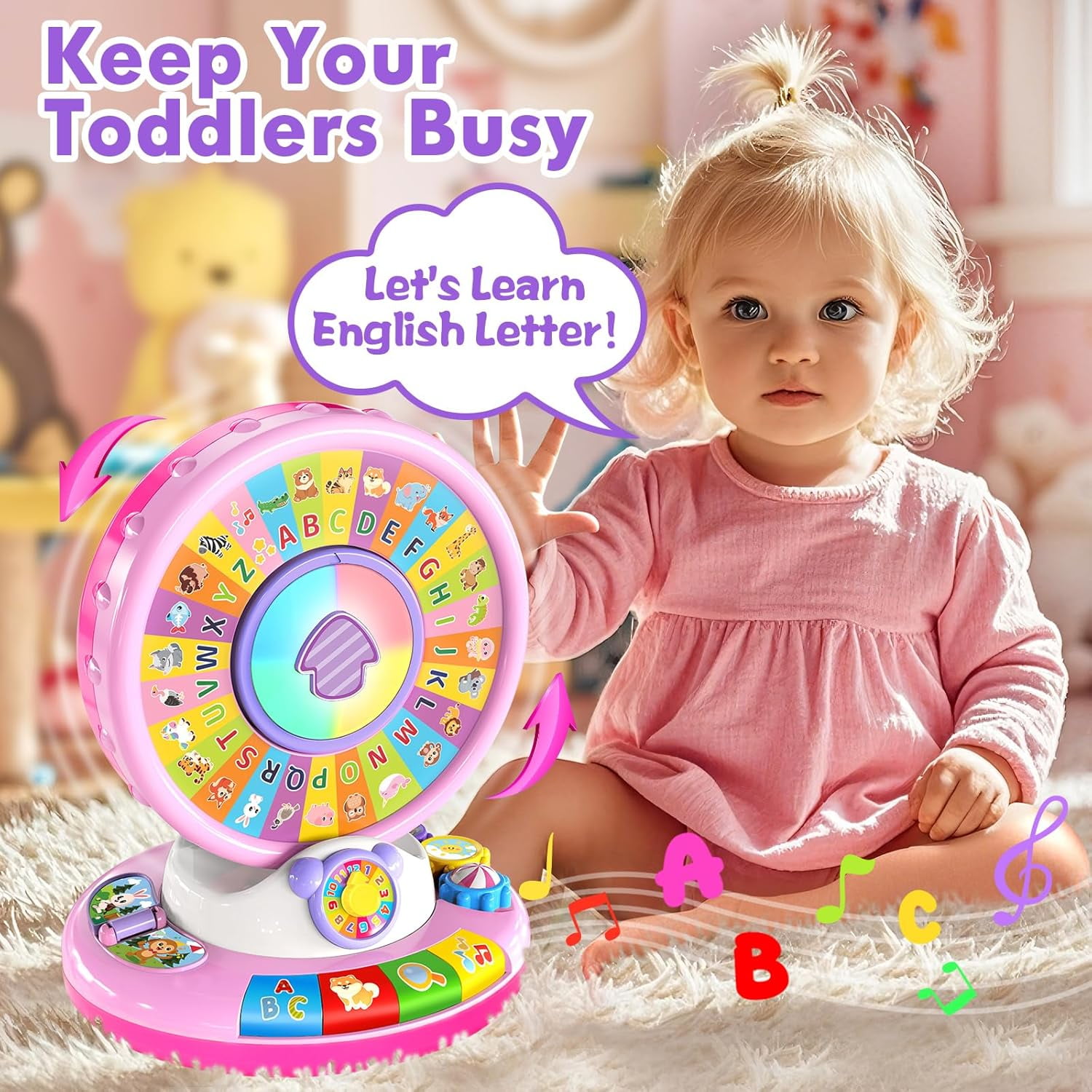 Learning Toy for 1 2 3 Year Old Girls, Spin and Sing Alphabet Zoo with Sounds, Interactive Educational Toys for Toddlers 1-3, Birthday Gifts for Baby Girls Boys 9-12-18 Months