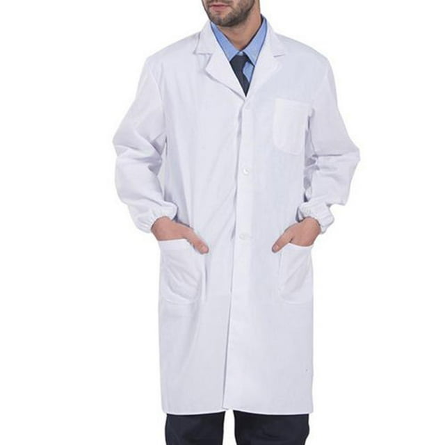 paquete de de laboratorio de de laboratorio profesion s de laboratorio hombres / mujeres Bata de laboratorio Hugo blanco unisex, vista frontal 3/4 con cuello de solapa y cierre de botones, manga larga con puños elásticos, tres bolsillos delanteros visibles y tejido de mezcla de algodón; adecuada como uniforme médico y para trabajo de laboratorio, a menudo usada también en talleres y tareas industriales ligeras.