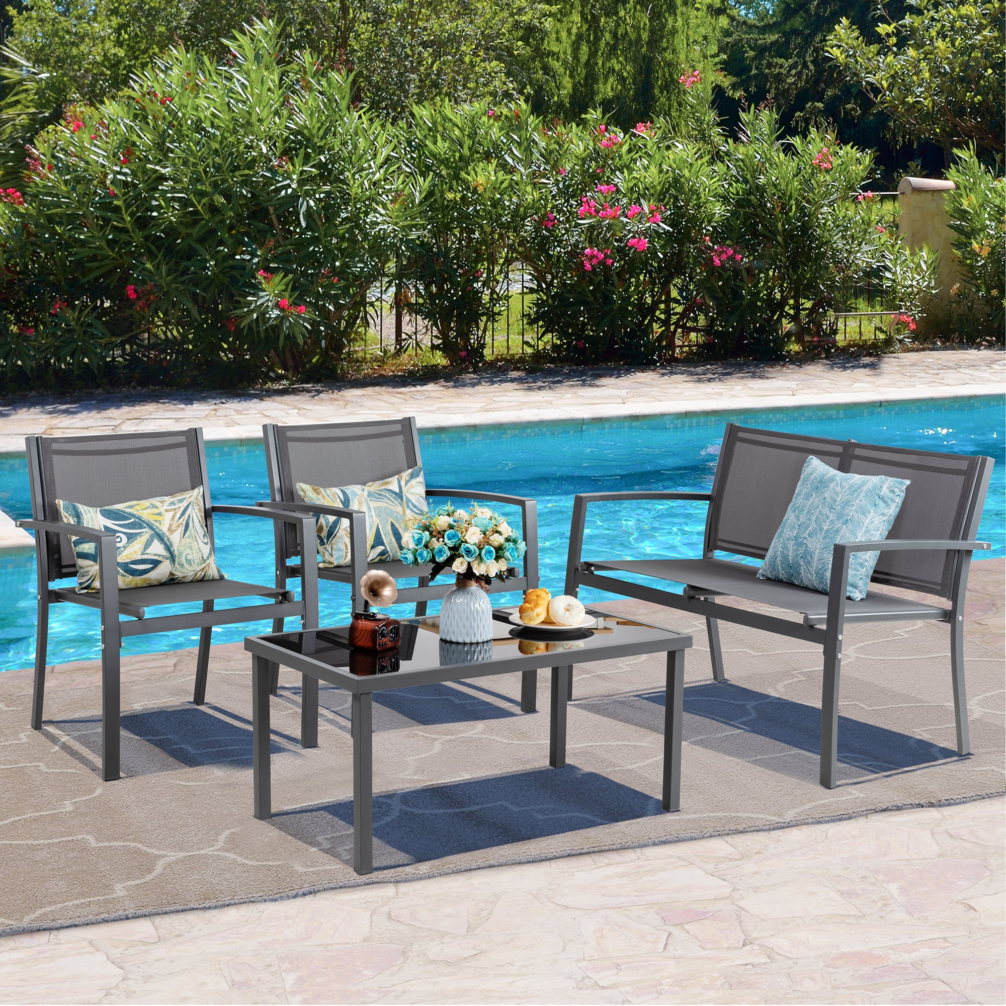 Walsunny 4 Pieces Outdoor Furniture Set All Weather Patio Textilene Steel Conversation Set, Patio Furniture Set Bistro Set with Loveseat ea Table for Lawn and Balcony, Gray