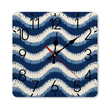 RKSupls 10×10inch Square Silent Wall Clock Wooden Frame, Navy Ikat Wave Stripe Scale Decorative Clock for Home Bedroom Living Room Office